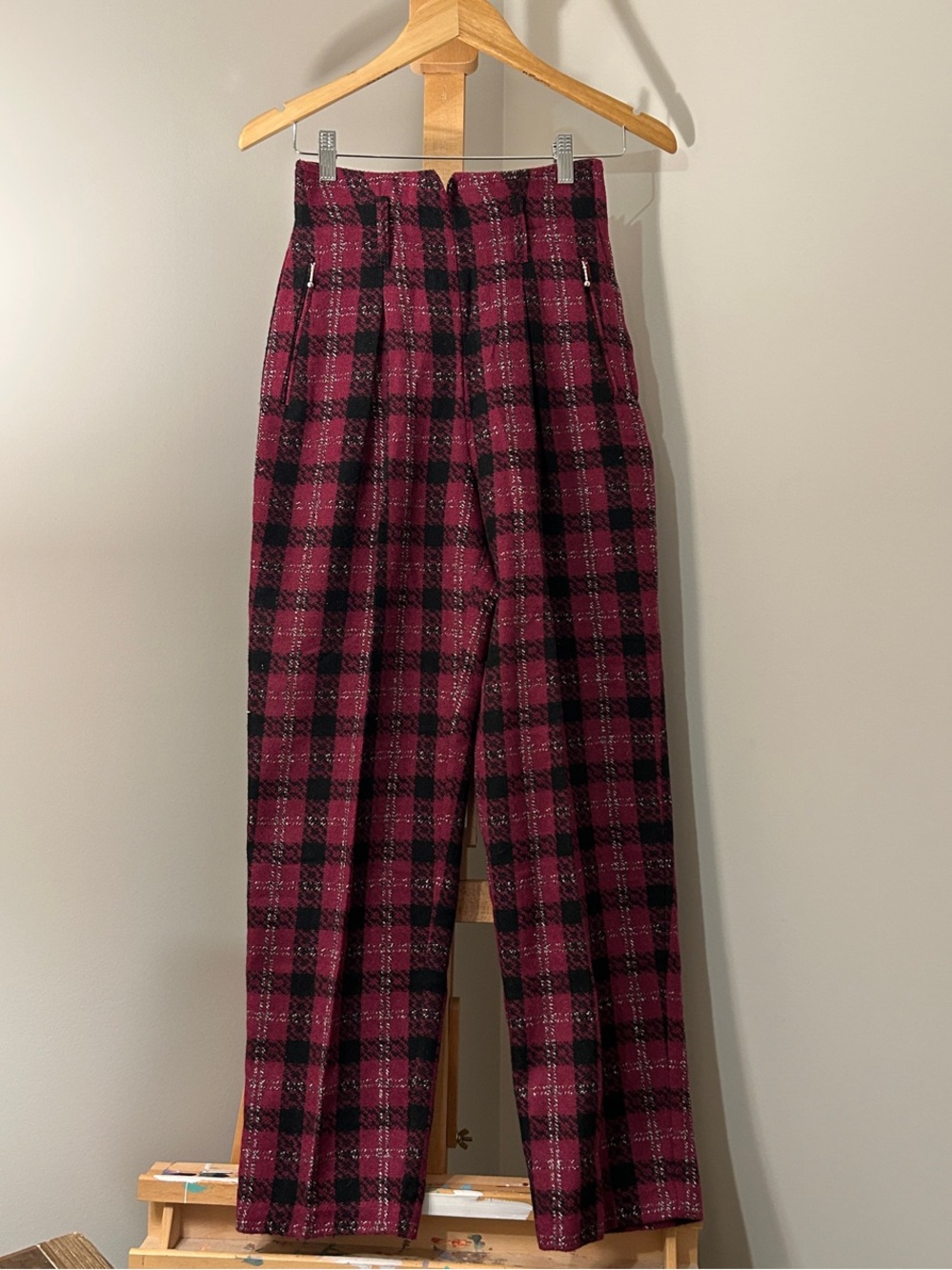 VINTAGE | le chateau | Burgundy Plaid Ultra High-Waist Trousers | Size 7 / S